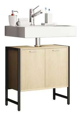 Immagine prodotto di Armadio lavabo / armadio da bagno / Dimensioni: H. 60 x W. 60 x D. 30 cm / 2 parti laterali in metallo / corpo in legno / 2 grandi porte girevoli - Edino