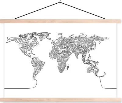 Produktbild von MuchoWow® Textilposter Weltkarte - Schwarz - Weiß - Linie 60x40 cm mit holzfarbenen Rahmen - Bilder
