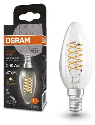 Obrázok produktu pre Stmievateľné LED žiarovky OSRAM, Vintage Edition, 40 W náhrada, E14, tvar B, 2700 Kelvinov, teplá biela, číre sklo, jedno balenie