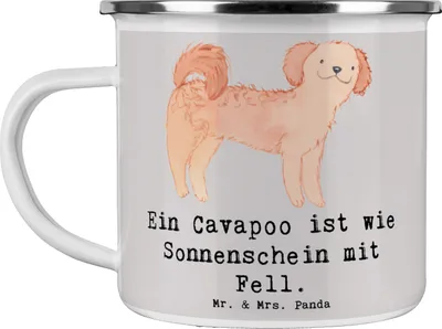 Produktbild von Mr. & Mrs. Panda Emaille Tasse Cavapoo Sonnenschein - Grau Pastell - Geschenk, Hunderassen Eigenschaften, Mischlingshund, Familienhund, Haferl, Pott, Vielfalt, Hunderasse