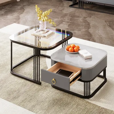 Produktbild von okwish Couchtisch 2er-Set, Satztisch Beistelltisch mit schwarz Metallrahmen für Schlafzimmer Balkon, Satztische Quadratischer fürs Wohnzimmer, Wohnzimmertisch mit Grau Marmor Optik und Glasplatte,Schwarz&Grau