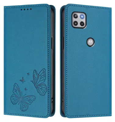 Produktbild von Lederhülle für Motorola Moto G 5G 2020, Schmetterling Prägung Leder Brieftasche Schutzhülle mit Ständer Blau