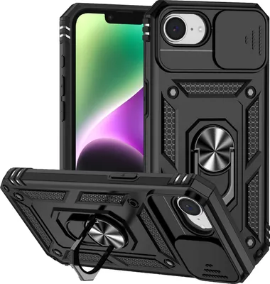 Obrázek produktu pro Pouzdro pro iPhone 16e/iPhone 17e dvouvrstvé pouzdro s posuvným krytem kamery a prstencovým stojánkem černé