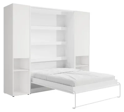 Produktbild von Vertikal im Schrank verstautes Bett 160 x 200 cm – 2 Aufbewahrungssäulen – Mit LED-Beleuchtung – Weiß – RAPILI