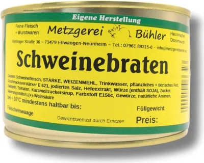 Produktbild von Schweinebraten mit Soße aus der Dose Fertiggericht Fleischkonserve 400g lang haltbares Lebensmittel Prepping Premium Konserve