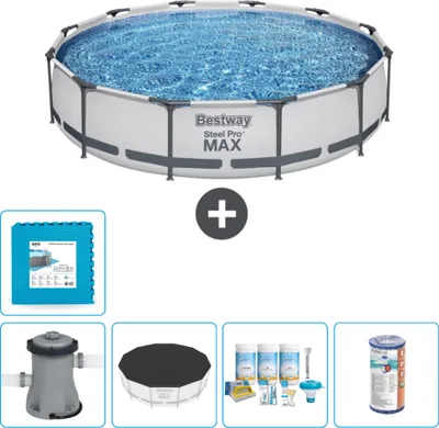 Produktbild von Bestway Round Steel Pro MAX Schwimmbad – 366 x 76 cm – Grau – inklusive Pumpe Abdeckung - Wartungspaket - Filter - Bodenfliesen