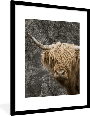 Produktbild von MuchoWow® Gerahmtes Poster Schottische Highlander - Weltkarte - Tiere 60x80 cm - Poster mit Schwarzem Bilderrahmen Wandposter Rahmen Foto Bilder - Wohnzimmer - Dekorationen - Prämie
