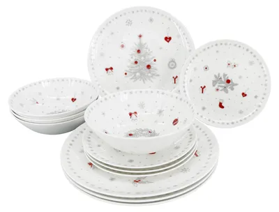 A set of Christmas-themed dinnerware, including plates and bowls, is displayed against a white background.
