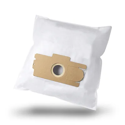 A white vacuum cleaner bag with a tan cardboard insert is shown floating against a white background.