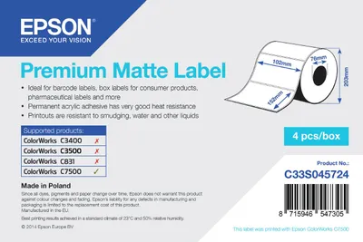Zdjęcie produktu dla Epson Premium Matte Label - Die-cut Roll: 102mm x 152mm, 800 labels, Biały, Matowy, Atramentowa, Akrylowy, Na stałe, Matowy