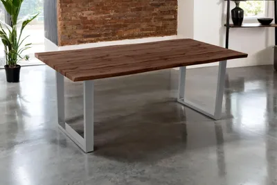 Produktbild von Esstisch Josy | 200 x 100 cm | Holz Nussbaum-Optik | U-Gestell Metall Silber | 40 mm Tischplatte mit Baumkante | Tisch für Esszimmer & Küche