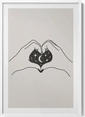 Produktbild von Hand Herz und Kosmos - Illustration– Wandbild mit Rahmen – Gerahmtes Bild  – Wanddekoration – 70x100 cm –  Weiß Rahmen