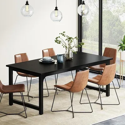 Image de Table à manger industrielle pour 4 à 6 personnes, table rectangulaire pour salle à manger, cuisine ou salon, avec des pieds en métal robustes, de couleur noire, dimensions : 160 x 80 cm