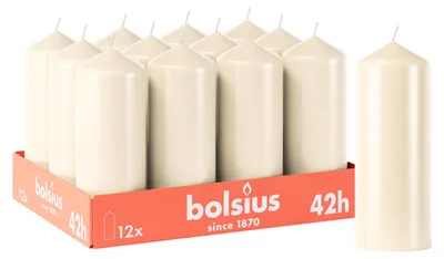 Immagine prodotto di Candele cilindriche Bolsius, colore avorio, confezione da 12 pezzi, dimensioni 15 x 6 cm, ideali per la decorazione