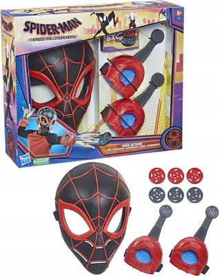A product box for a Spider-Man Miles Morales costume accessory set, including a mask and web-shooters, with additional accessories shown below.