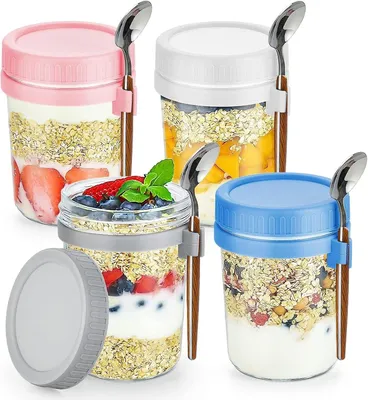 Produktbild von Overnight Oats Gläser, 4 Stück 350ml Einkochgläser mit Löffel, Einmachgläser mit Schraubdeckel für Marmelade, Babynahrung, Einlegen