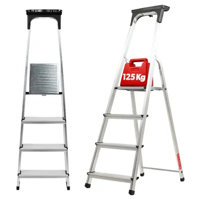 Obrázok produktu pre Hliníkový rebrík KADAX, rebrík "Vulvik" do 125 kg, schodiskový rebrík, hliníkový bezpečnostný rebrík, 4 stupne
