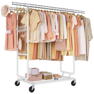 Image de Étagère robuste pour vêtements, montée sur roulettes, avec une barre extensible