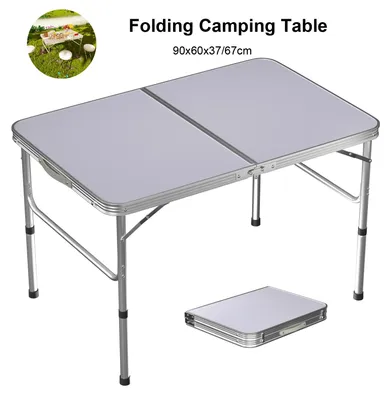 Zdjęcie produktu dla Stół kempingowy - składany, przenośny stół - regulowana wysokość 37–67 cm - rama z aluminium, blat z płyty MDF - 90x60 cm - z uchwytem do przenoszenia - do użytku wewnątrz i na zewnątrz - biały