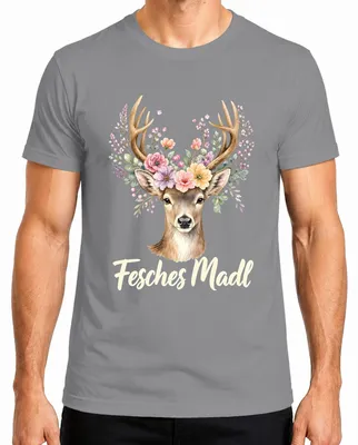 Imagen del producto de Camiseta para hombre con diseño de ciervo, flores y motivos tradicionales, estilo "dirndl", pantalones de cuero, color gris, talla M