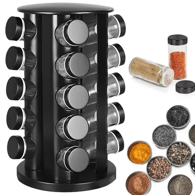 Zdjęcie produktu dla Stojak na przyprawy, stojak kuchenny ze stali nierdzewnej, obrotowy 360°, do przechowywania przypraw + 20 szklanych pojemników z pokrywkami