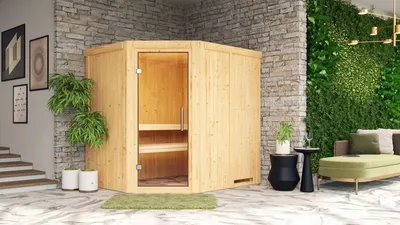 Produktbild von Karibu Sauna Innensauna Siirin Eckeinstieg Ofen 9 kW integr. Strg 196x170x198 cm ohne Dachkranz mit Klarglastür