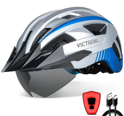 Zdjęcie produktu dla Kask rowerowy VICTGOAL dla mężczyzn i kobiet, z daszkiem, tylnym światłem USB i magnetycznymi okularami