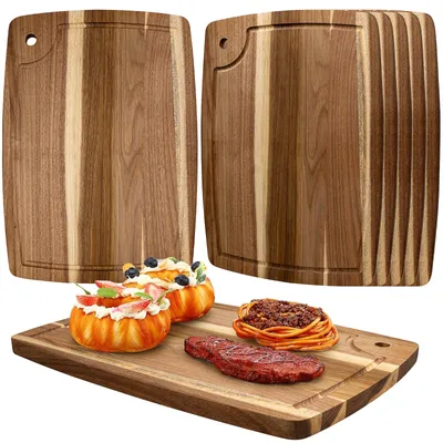 Image de 6 planches à découper en bois d'acacia, 35 x 25 cm, planches à découper en bois avec rainure d'égouttage, planches de cuisine, planches à hacher, planches en bois pour la viande, le fromage, le pain, les fruits et les légumes