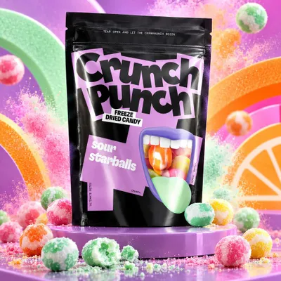 Productafbeelding van Crunch Punch, gedroogde zure snoepjes in de vorm van sterren, 100g