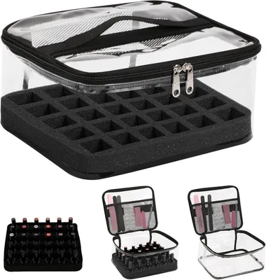 Produktbild von Aufbewahrungsbox für 30 Nagellackfläschchen, transparenter Nagellack-Organizer und Make-up-Koffer aus spritzwassergeschütztem PVC mit flexiblem Schwammeinsatz, ideal für Zuhause und auf Reisen.