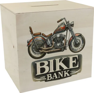 Produktbild von Retro Chopper Motorrad Spardose aus Holz mit Spruch Bike Bank