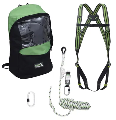 Produktbild von Kratos Safety Absturzsicherung-Set, Fallschutz-Set mit Kratos Auffanggurt EN361, Kratos Auffanggerät 15m mit Bandfalldämpfer EN353-2, Kratos Stahlkarabiner EN362, Rucksack, PSA, , mit Seriennummer
