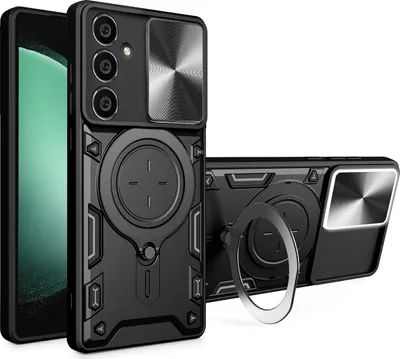 Immagine prodotto di Custodia per Samsung Galaxy S23 FE a doppio strato con copertura della fotocamera e supporto ad anello nero