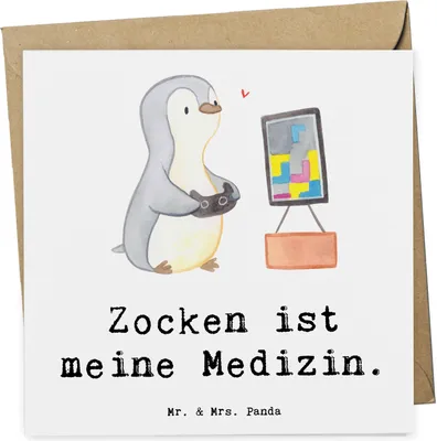 Produktbild von Mr. & Mrs. Panda doppelkarte Pinguin Zocken - Weiß - Geschenk, Gaming, anlasskarte, Videogames, Klappkarte, Videospiele, Glückwunschkarte, faltkarte, Grußkarte
