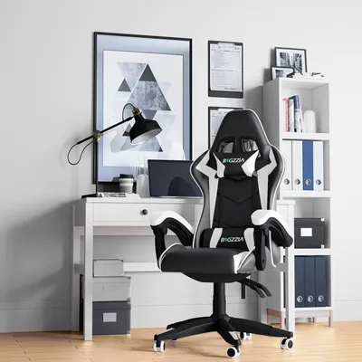 Produktbild von Bigzzia Bürostuhl, Gaming Stuhl, Ergonomischer Computerstuhl, Schreibtischstuhl, Drehstuhl mit Kissen, bis zu 110 kg, Weiß