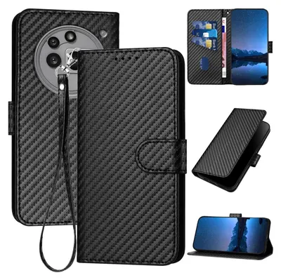 Image de Étui en similicuir avec lanière pour Nothing Phone 3a Pro, motif fibre de carbone, noir