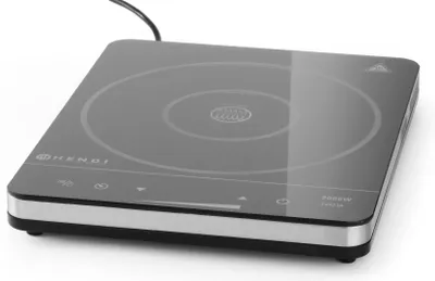 A black and silver induction cooker is shown from a slightly elevated angle against a white background.