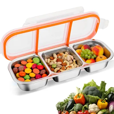 Productafbeelding van Lunchbox met 3 compartimenten, roestvrijstalen snackcontainer met vakken, lunchbox-organizer, kinderenlunchbox, lunchbox voor groenten, noten, snoep en koekjes
