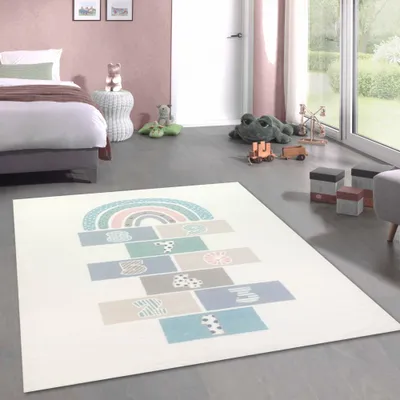 Zdjęcie produktu dla Dywan do pokoju dziecięcego, łatwy w pielęgnacji, wzór „Hüpfkästchen”, miękki, w kolorze kremowym, wymiary – 160 x 230 cm