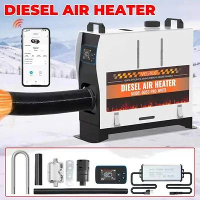 Obrázok produktu pre Dieselový stojanový ohrievač 8 kW – všestranný vzduchový ohrievač 12V/220V – nastaviteľný rozsah 8–36 °C – LCD diaľkové ovládanie a aplikácia cez Bluetooth – prenosný, vhodný na kempovanie a do obytných vozidiel – biely