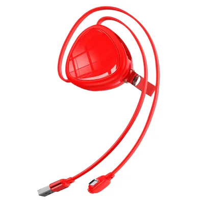 A red retractable charging cable with USB and other connectors.