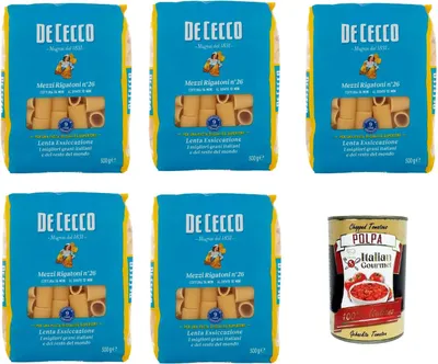 Produktbild von De Cecco Rigatoni N°26, 100% Italienisch Pasta Nudeln 5x 500g + Italian Gourmet Polpa 400g