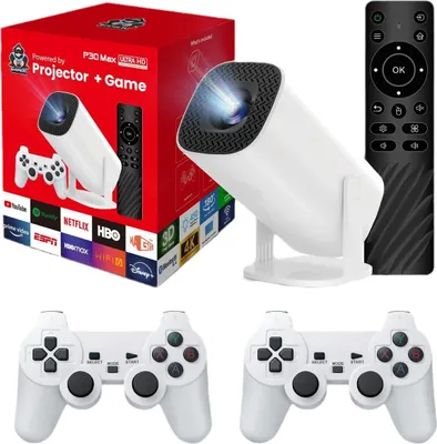 A product shot of a projector, remote, and two game controllers, with the product box in the background.