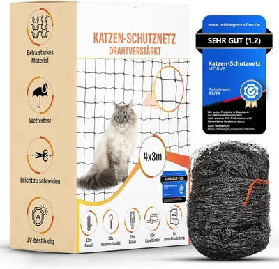 Produktbild von Katzennetz für Balkon ohne Bohren, 4x3m, schwarz, Katzennetz Drahtverstärkt, Befestigungsset inklusive, UV-beständig und bissfest, Katzengitter