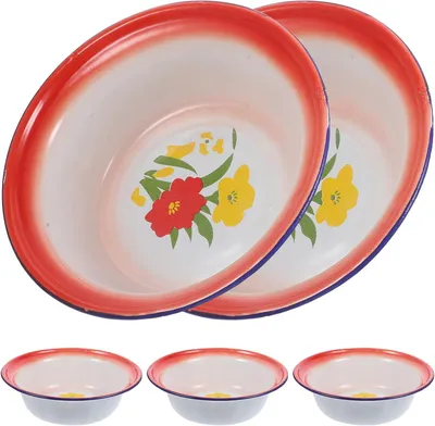 Produktbild von Vintage-emaillierte Schüsseln, 5 Stück, aus Emaille, wiederverwendbar | Zum Grillen und für Picknicks, feine Verarbeitung, detailreiche Optik, zufälliges Texturmuster