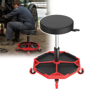 Obrázok produktu pre Pracovná stolička XINZI, výškovo nastaviteľná, 42–55 cm, otočná stolička pre mechanikov s 360° otočnými kolieskami a odkladacím priestorom na náradie, nosnosť do 150 kg, čierno-červená