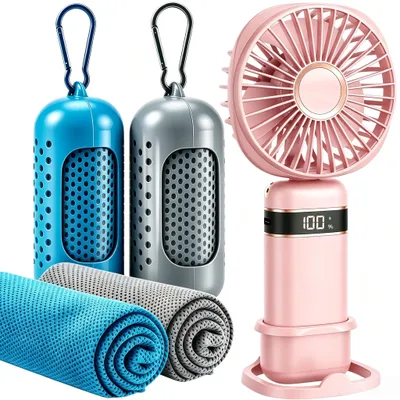 Produktbild von 4 in 1 Handventilator mit Kühlhandtuch Set, 4000mAh Akku, 5 Geschwindigkeiten, LED-Display, faltbarer USB Ventilator, 2 x Cooling Towel 100 x 30cm