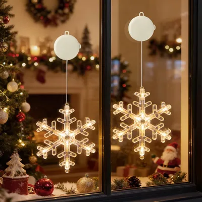 Christmas decorations in a window, including two illuminated snowflake lights.