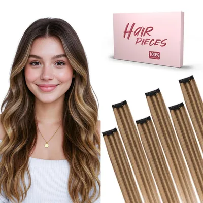 Image de Extensions à clipser, cheveux naturels, 6 mèches, 40 cm, couleur châtain moyen/blond miel, poids 40g