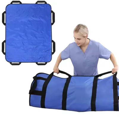 Image de Tapis de transfert multifonctionnel pour patients, 122x102cm, avec 8 poignées, supporte jusqu'à 180kg, lavable pour les personnes alitées, bleu
